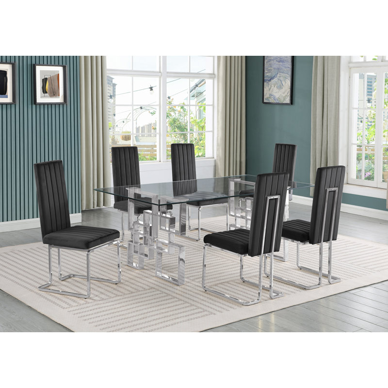 Poynor 6 - Person Glass Top Double Pedestal Dining Set, Black/Silver, Silver