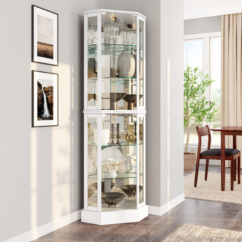 Schmidt Wood/Glass Lighted Corner Curio Cabinet 72" H, White