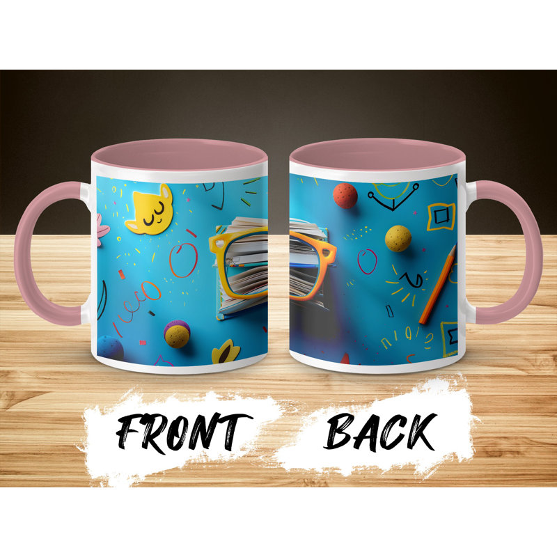 Kids Drawing Style 11oz Accent Mugs – Ceramic Coffee Cup with a Pink Handle and Interior