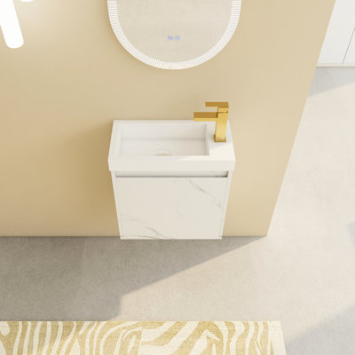 Meuble-lavabo compact avec lavabo en résine et porte silencieuse à fermeture en douceur - Lavabo mural à fixation pratique