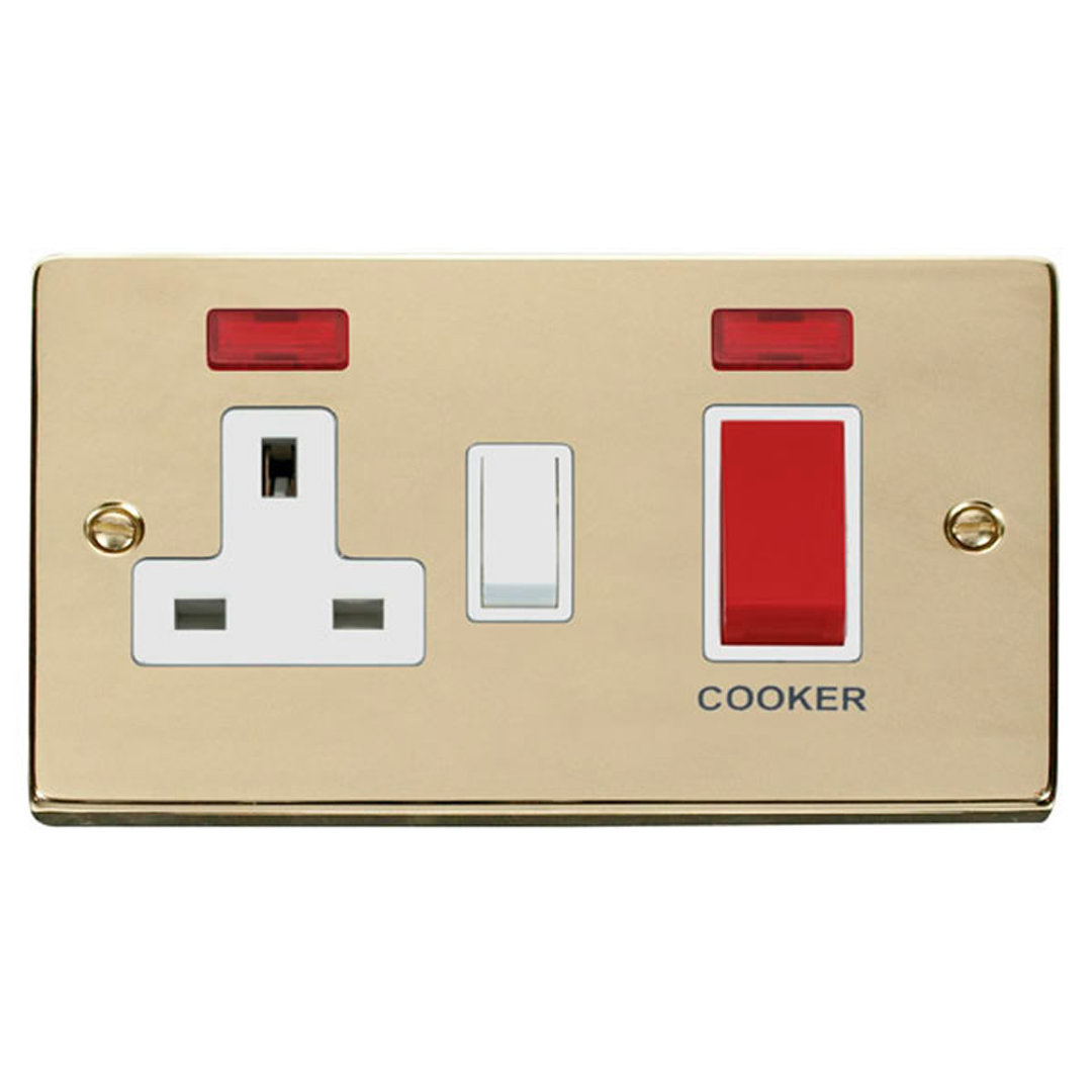 Polished Brass Cooker Control 45A With 13A Switched Plug Socket & 2 Neons
