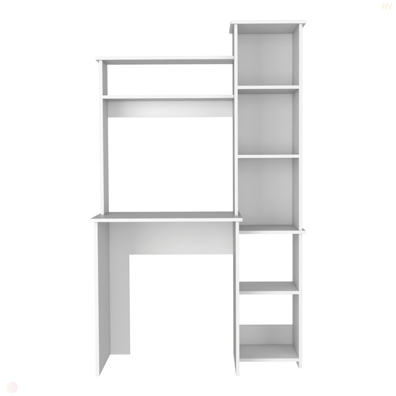 Bureau d'écriture à 6 tablettes avec bibliothèque intégrée, Blanc