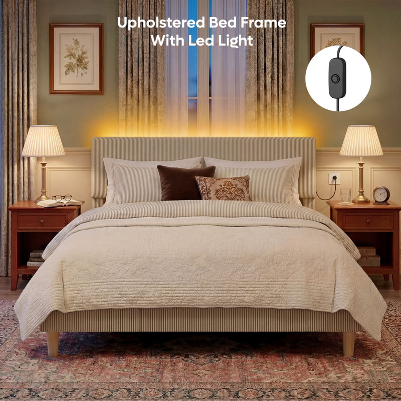 Abe Aadi Corduroy Upholstered Platform Bed with Channel-Tufted Headboard, Modern Bed Frame with Soft Padded Edges and Ambient LED