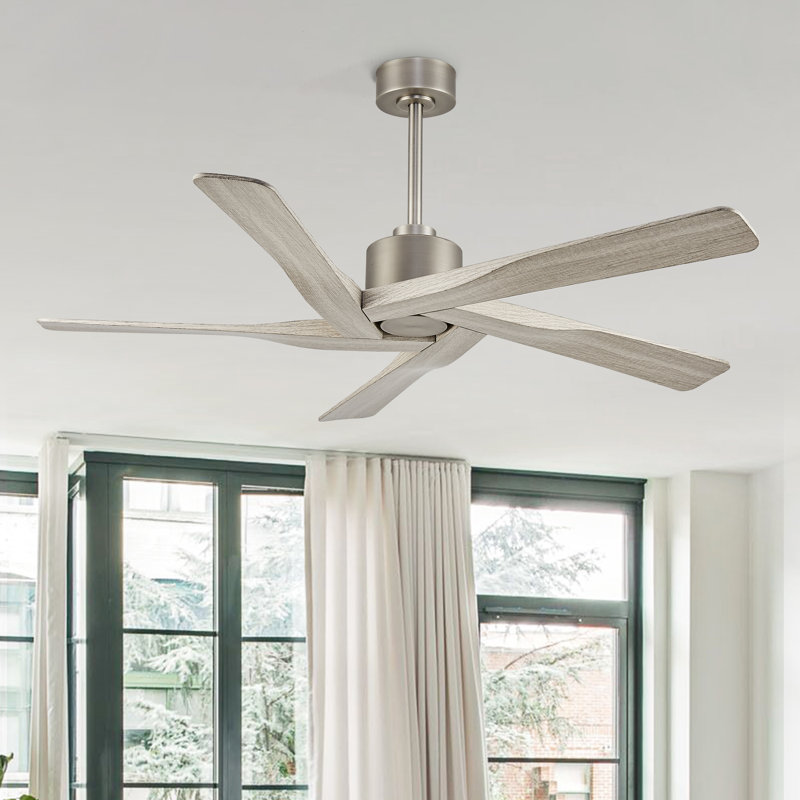 Ventilateur de plafond à pales en ABS de 54 po de largeur avec moteur à courant continu, Grain du bois, Nickel brossé, 54"