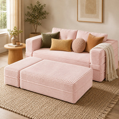 Gatton 80" King Size Sleeper Sofa Bed, Plush Corduroy Deep Seat Convertible Couch with Independent Chaise & Convertible Blanket, Oversized Floor Sofa Bed for Living Room