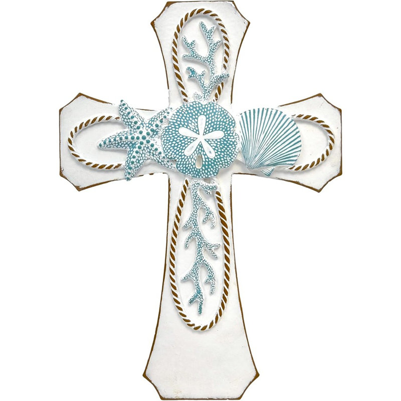 Croix murale côtière avec étoile de mer, corail et coquillages, résine blanche, décor de maison de plage