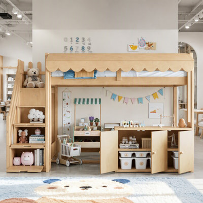 Lit mezzanine pour enfants (deux lits simples superposés) avec escalier de rangement, en bois massif, avec comptoir de supérette factice et espace sous le lit convertible pour dormir ou jouer. Naturel