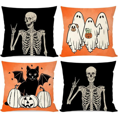 Ensemble de housses de coussin d'Halloween de 4 chats noirs squelette, chien, fantôme, citrouille, automne, intérieur d'Halloween, décorations intérieures et extérieures, housses de coussins décoratifs