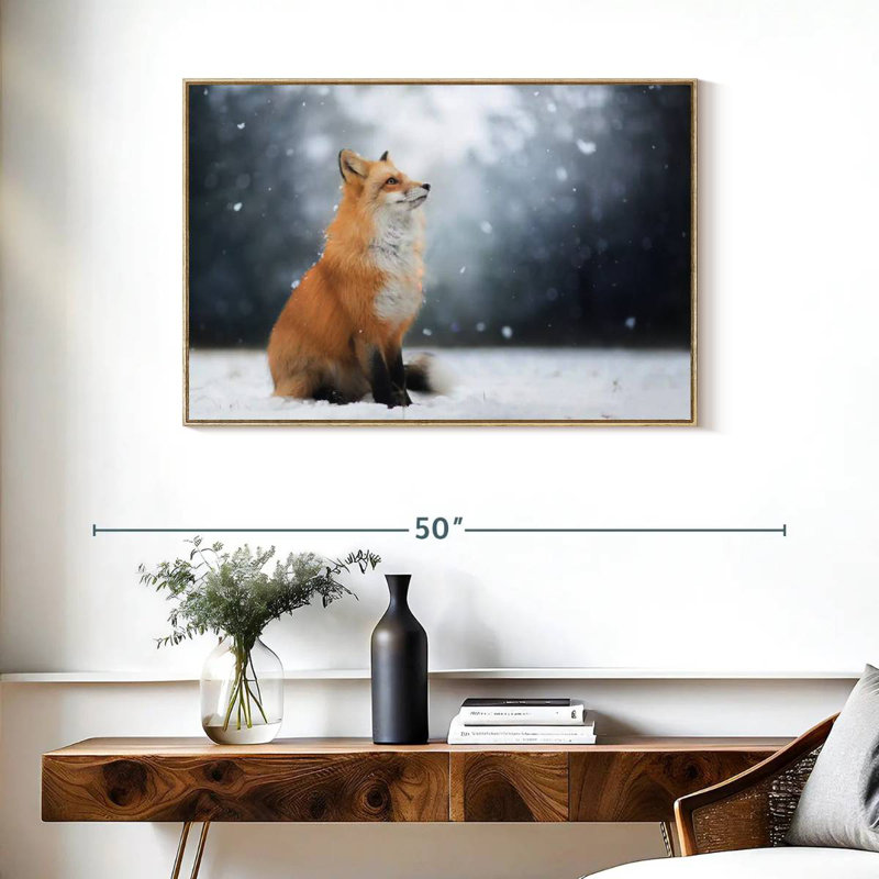 Dreamy Winter Fox, Cadre flottant en bois naturel, 37 po x 25 po