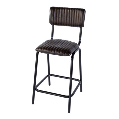 Tarak 30 in. Seat Height Leather and Iron Bar Height Stool with Back and Footrest