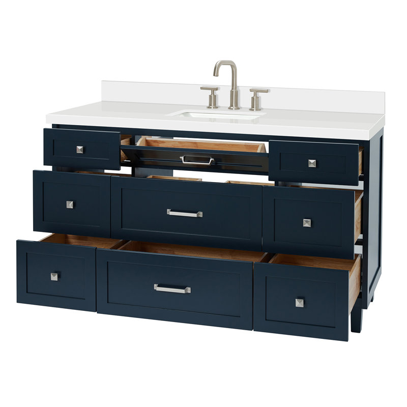 ARIEL Monroe 61 Single Sink Bathroom Vanity with Pure Quartz Top, Midnight Blue, 61"