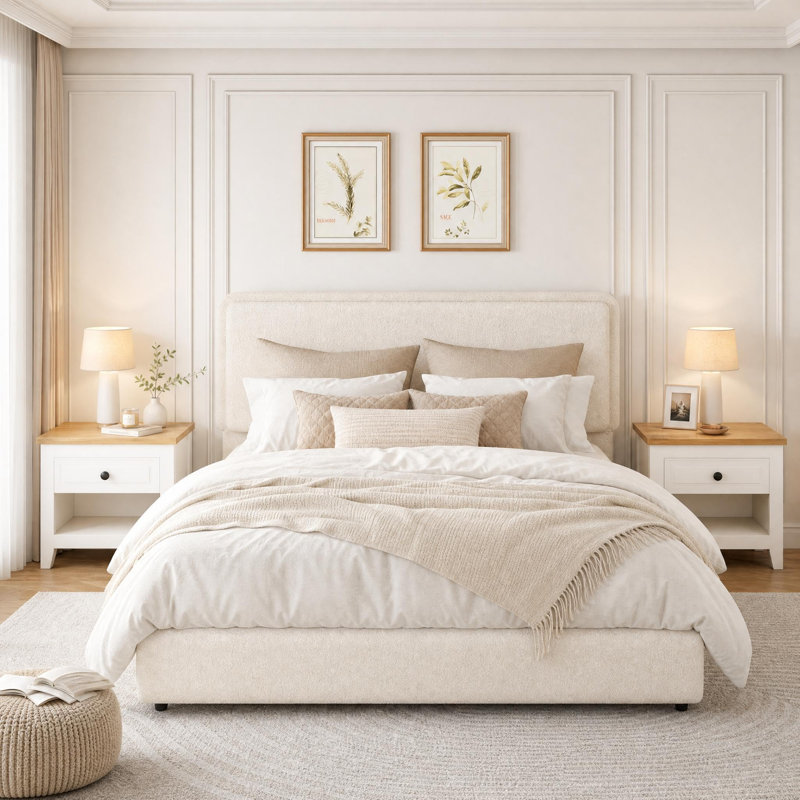 Grand lit plateforme avec 2 tiroirs de rangement, beige