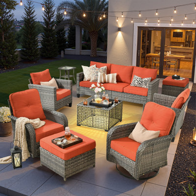 Ensemble de meubles de patio 9 pièces, chaises berçantes pivotantes en osier avec coussins confortables, ensemble de canapé à dossier haut toutes saisons pour la cour ou la pelouse