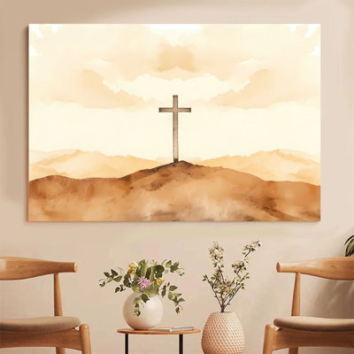 1Pc Easter Framed Canvas Poster Print Cross, desert hills, religious art style Wall decor, Ready To Hang - Modern Christian Decor, Perfect for Room Decor Living Room Bedroom Office Bathroom Decor