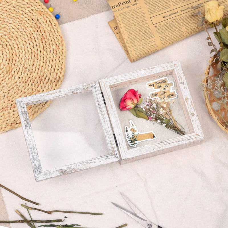 5X5 Small Shadow Box Frame With Linen Back - Sturdy Rustic Memory Display Case Of Flower, Pictures, Medals And More, White