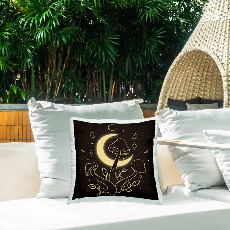 Dancing Mushrooms & Moon Outdoor Printed Pillow by Ahmed Sameh Hussein