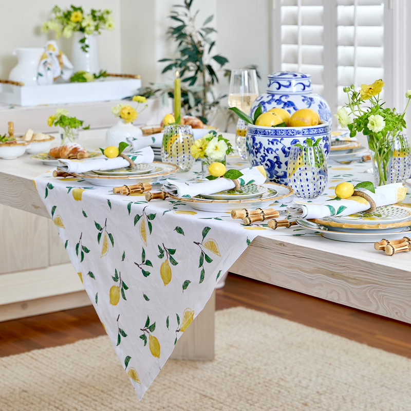 Botanical Lemon - 100% Pure Linen Table Throw, Botanical Lemon/White Floral