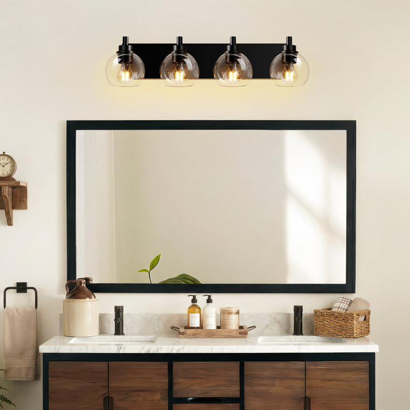 Éclairage pour salle de bain 4 lumières noir mat avec abat-jour en verre transparent pour salle de bain, cuisine et chambre à coucher