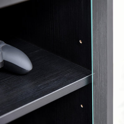 Cabinet multimédia à 5 niveaux avec tablettes réglables à 3 niveaux, portes en verre trempé et gestion des câbles, noir vieilli