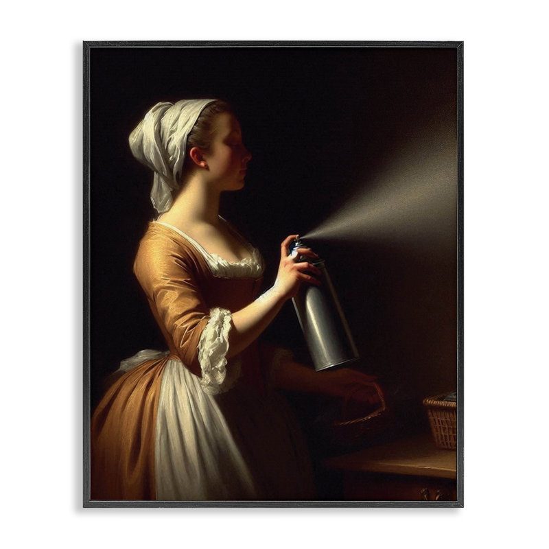 Drôle de dame rétro et jet de peinture, jet d'encre, H 20 po x l 16 po, Giclée encadrée noir minuit