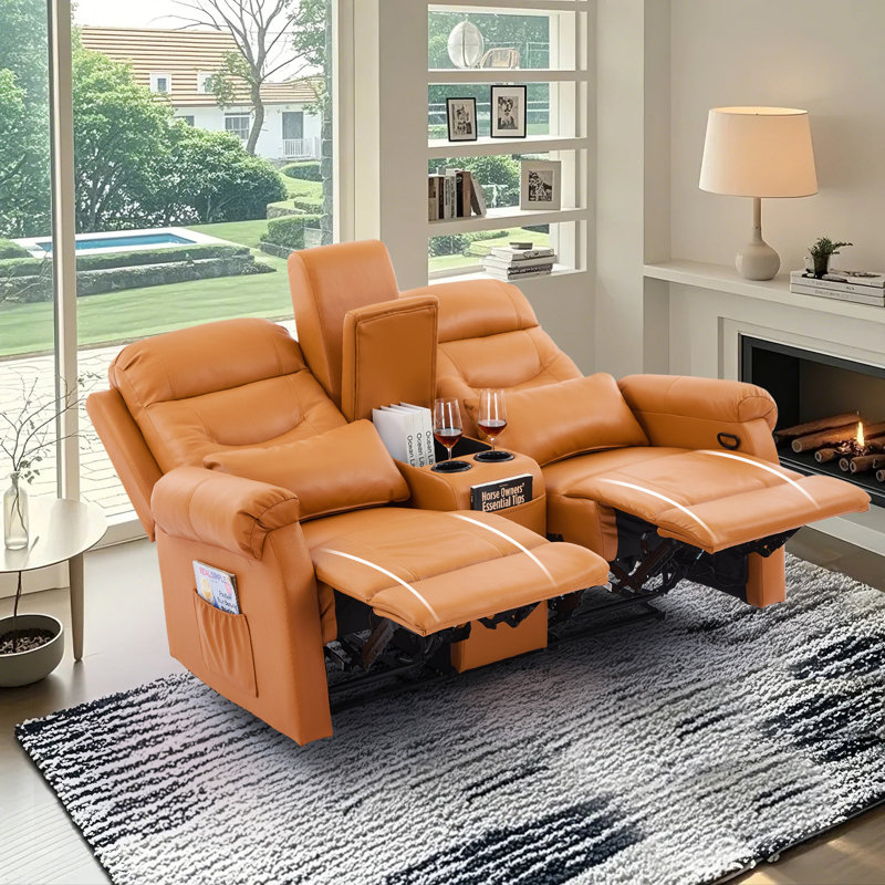 Causeuse inclinable manuelle 65,7 po avec console de rangement et porte-gobelets, Orange