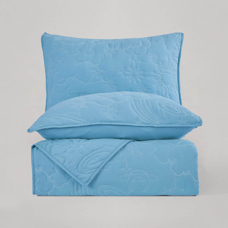 Solid Quilt Set With Star With Vibrant Embroidered Patterns, Twin Quit + 1 Standard Sham, Blue
