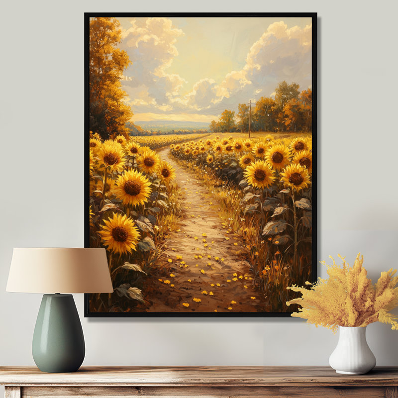 Dural tournesols le long du chemin de la ferme I - tournesols, art sur toile, H 44 po x l 34 po, Noir