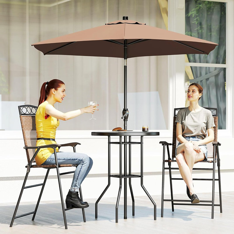 Ensemble de mobilier de patio 4 pièces, 2 chaises pliantes, parasol à angle réglable, verre trempé texturé Wave
