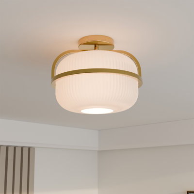 1-Light Brass Flush Mount Ceiling Light with Frosted Ribbed Glass Shade