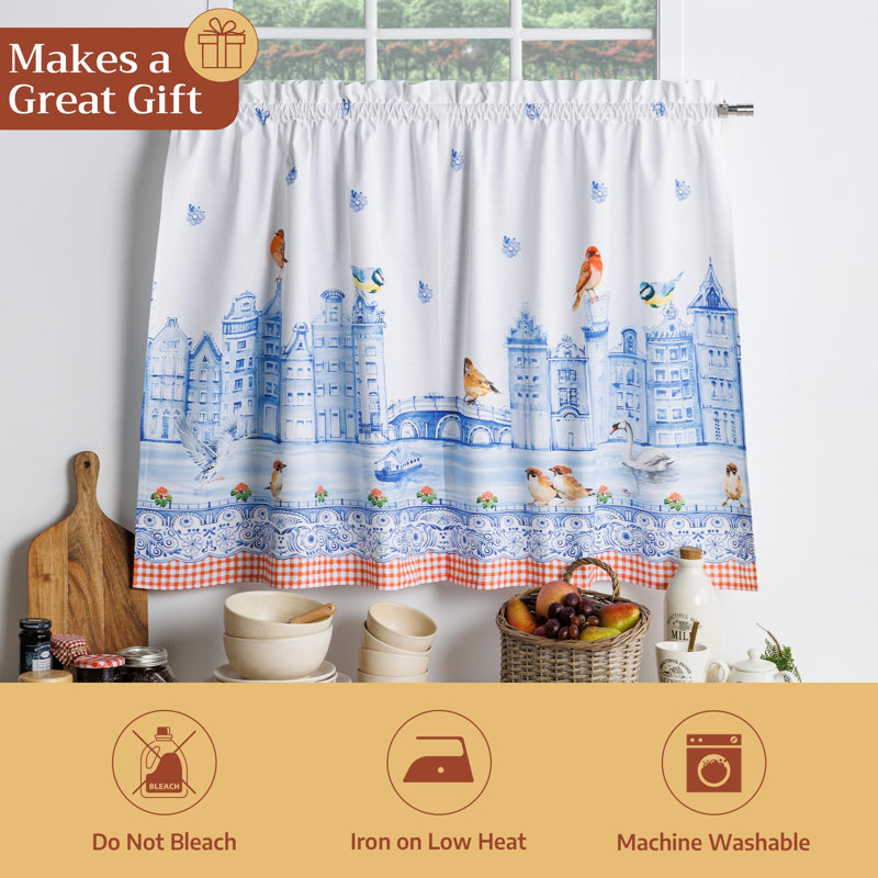 Rideau de cuisine Maison d'Hermine Amsterdam Canals 100 % coton - Cantonnière 142 x 46 cm et voilage 71 x 91 cm