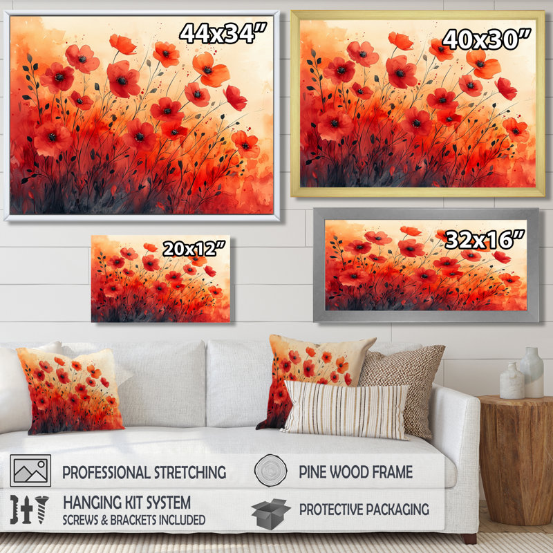 «Autumn Dance Of The Sunset Poppies III» - Art mural coquelicots, 34" H x 44" W, Cadre flottant doré