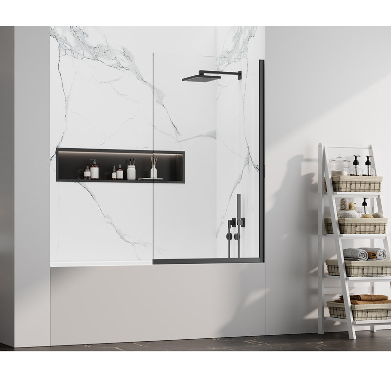 Bathtub Fixed Glass Shower Door,35" W X 60" H Semi-frameless Bypass Tub Enclosure,3/8" (10mm) Dual-sided Nano-coated Tempered Glass With Side & Bottom Aluminum Frame For Leak-proof, Matte Black