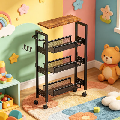 4-Tier Slim Rolling Storage Cart with Wood Top, Narrow Utility Cart with Wheels and Handle for Kitchen, Bathroom, Laundry Room Organization