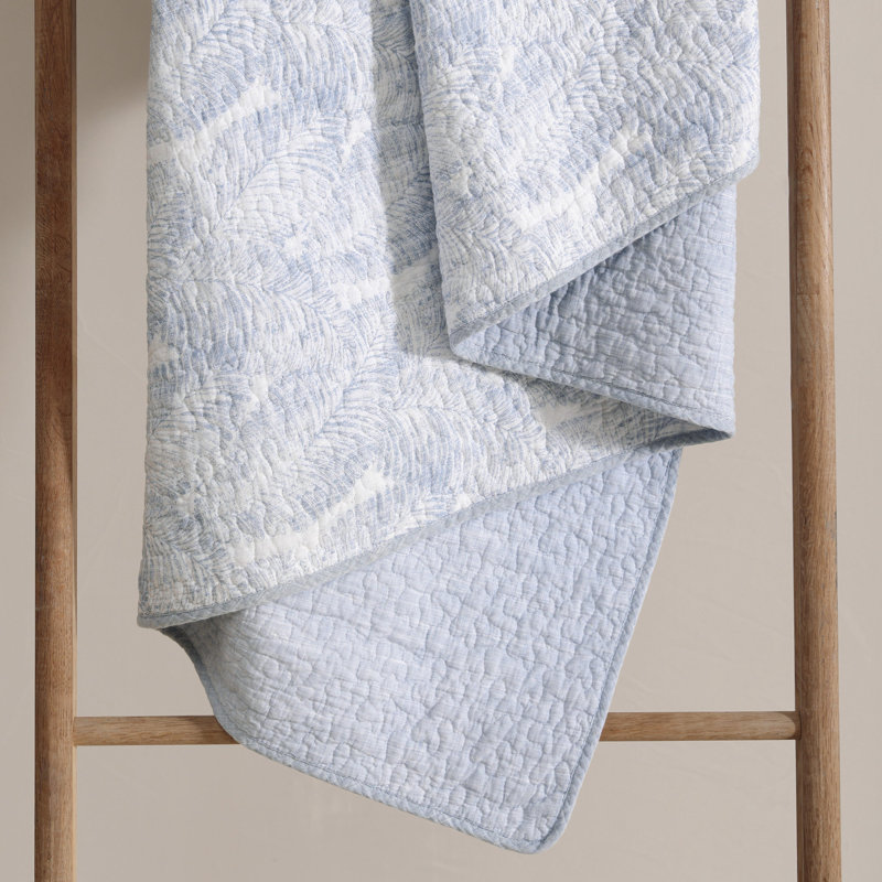 Tommy Bahama Distressed Water Leaves Blue Cotton Reversible Quilt Set, Queen Quilt + 2 Standard Shams