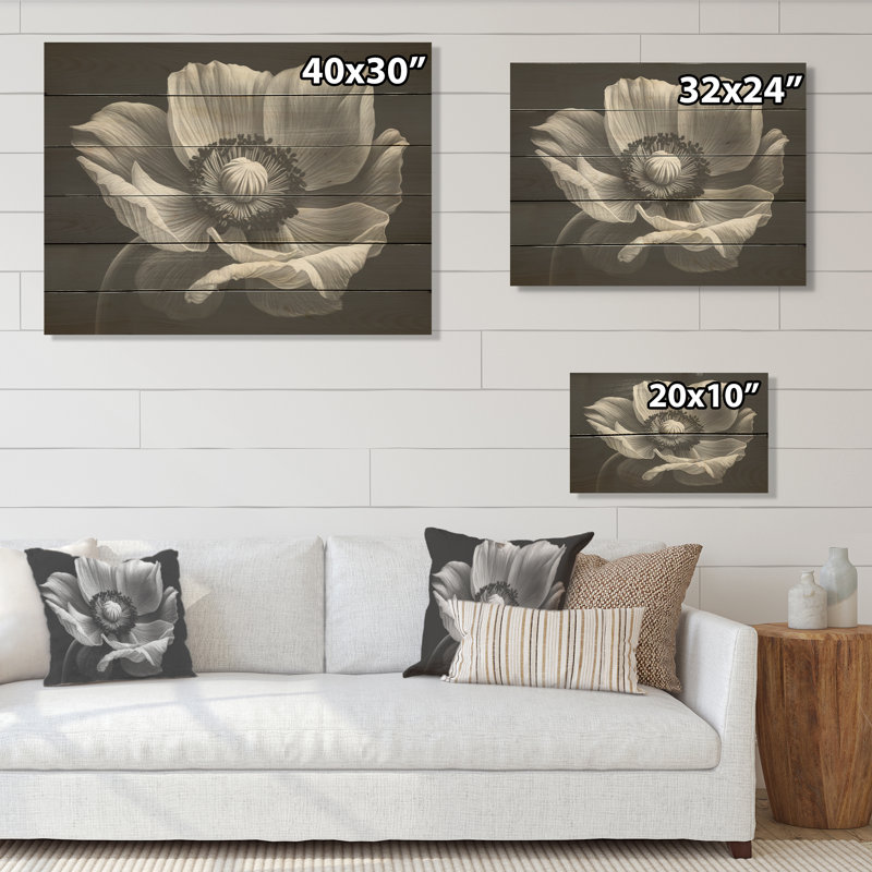 Black And White Mist Poppies - Poppies Wood Panel Wall Art On Natural Pine Wood, 10" H x 20" W