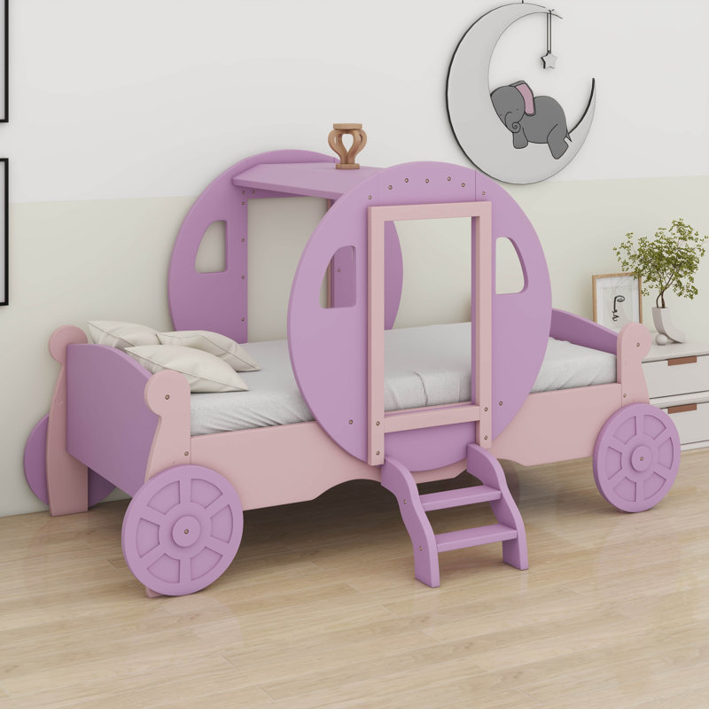 Lit simple princesse avec couronne pour chambre de fille, lit simple pour enfant avec plateforme en bois, Mauve / Rose