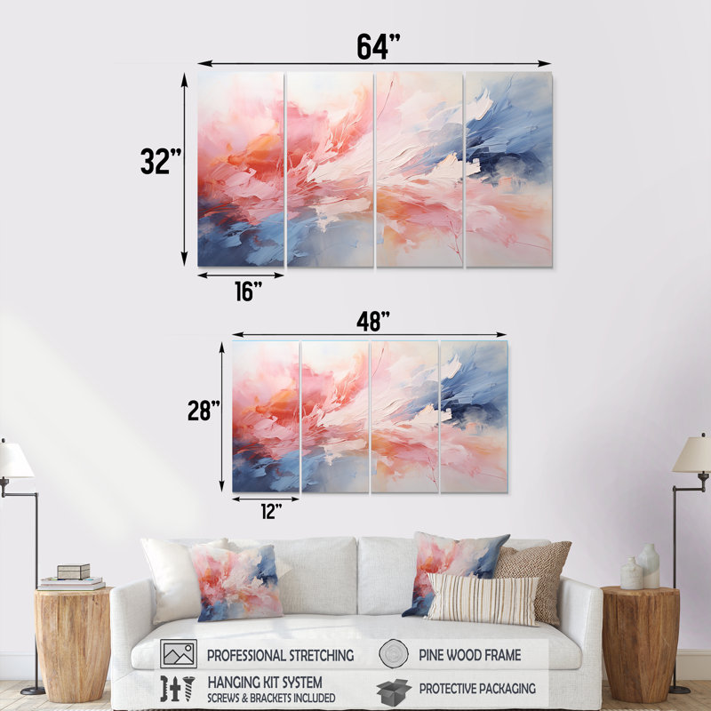 Rose et bleu apaisant tourbillons III - peinture abstraite, art mural 4 pièces, H 32 po x l 64 po