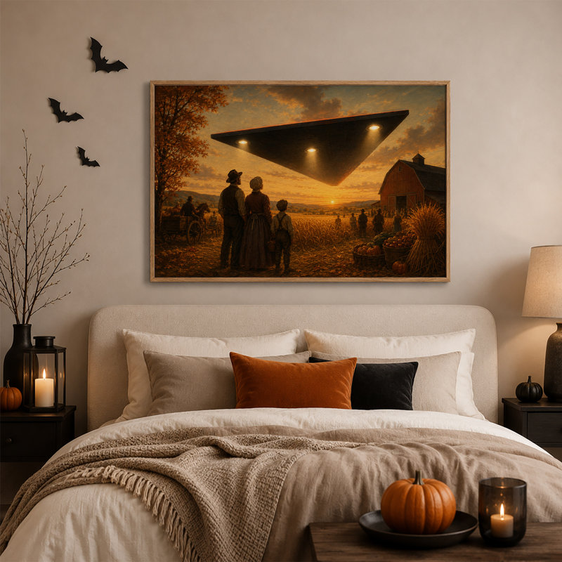 Les agriculteurs observent un OVNI triangulaire au-dessus d'une grange à l'occasion de l'Halloween (tableau sur toile)