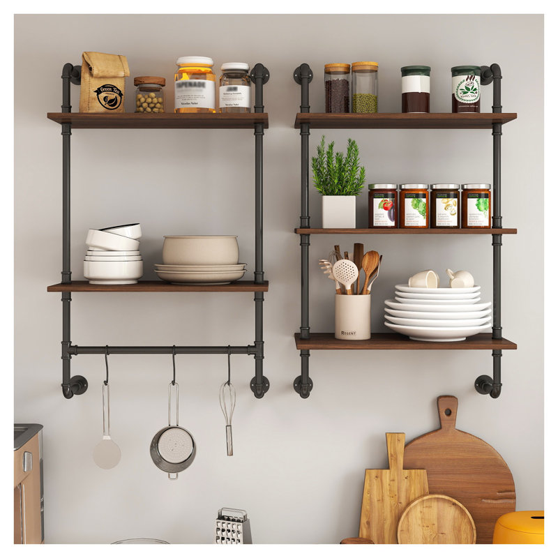 Industrial Pipe Shelves Wall Mounted - 3 Tier & 2 Tier Rustic Wood Display Shelves with 3 Hooks, 36 Inch Farmhouse Kitchen Bar Shelf, DIY Bookshelf Unit for Bedroom Living Room Office, Walnut
