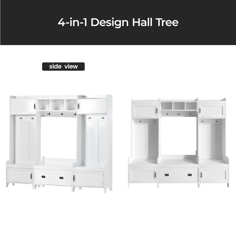 Portemanteau Hall Tree Tree avec banc de rangement et tiroirs pour vestibule, salon, design 4 en 1, Blanc