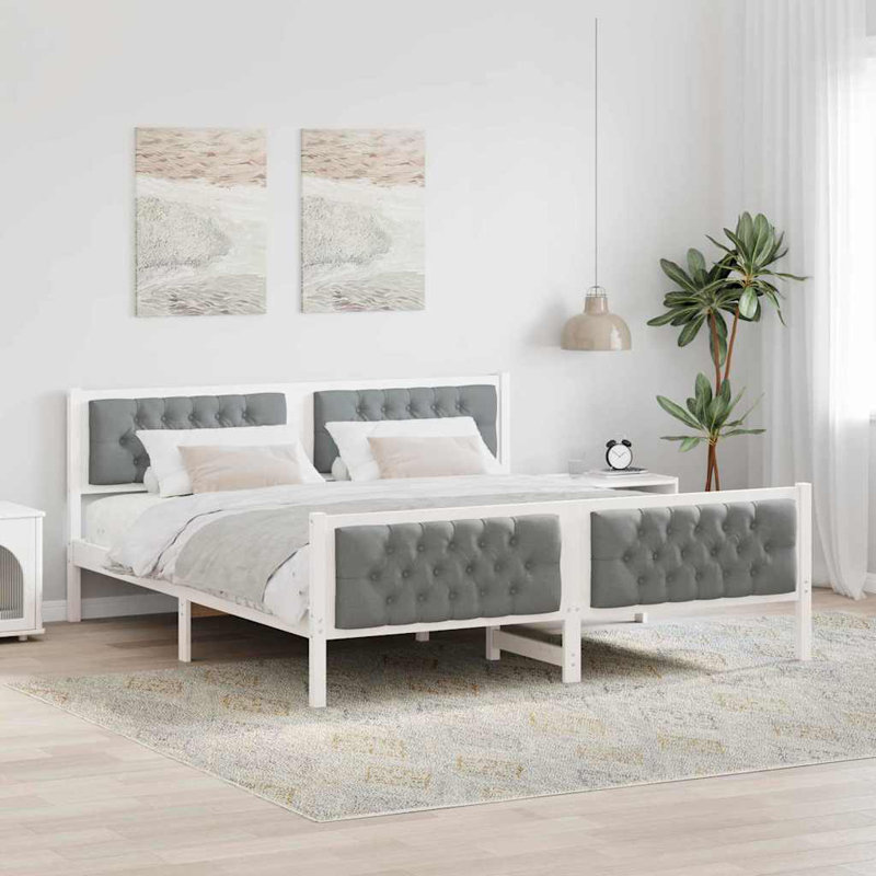 Solid Wood Fabric Bed Frame, Super King (6'), White/Light Grey