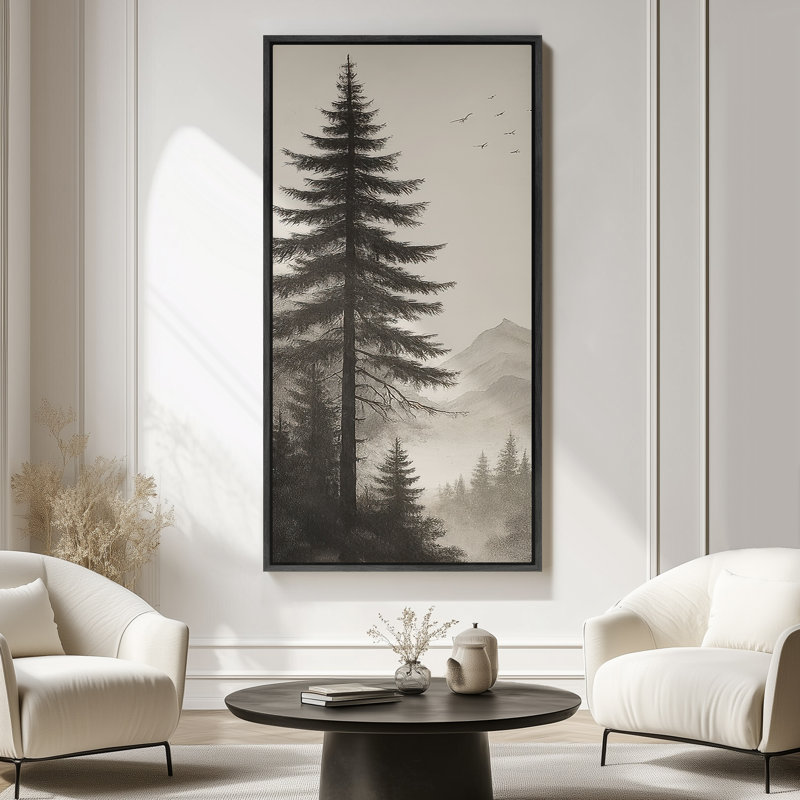 Monochrome Evergreen Forest with Birds - Large Framed Canvas Master Bedroom Wall Art Print, 60" H x 30" W x 1.5" D, Black