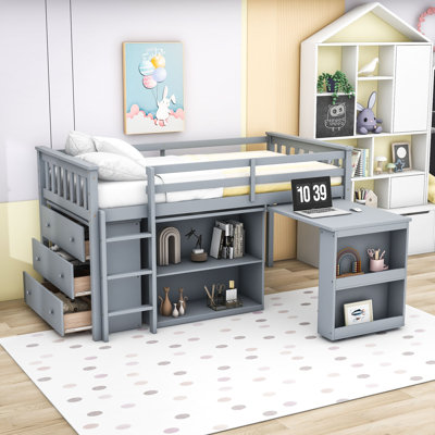 Twin Low Loft Bed With Built-In Desk, Drawer Cabinet And Shelf Cabinet