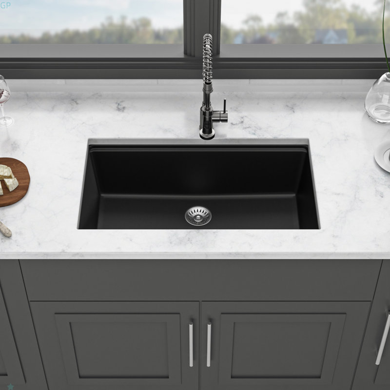 Évier de cuisine en quartz - Évier de cuisine encastré en granite noir 30 x 19 po