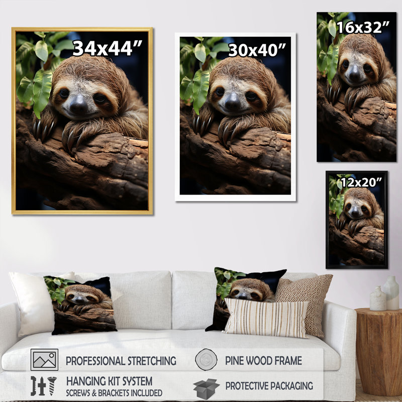 Rustic Repose Sloth sur toile, H 32 po x l 16 po x P 1 po, Cadre simple argenté