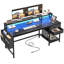 Bureau d'ordinateur avec support pour moniteur et prise de courant et 2 tiroirs et poche latérale, bureau de jeu avec lumières DEL-1277328923-1306359399