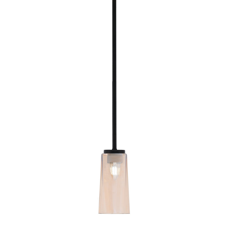 Suspension Anderson Stem Hung Mini présentée en finition noir mat et laiton New Age, avec verre fumé à bulles de 11,4 cm de largeur x 16,5 cm de hauteur.
