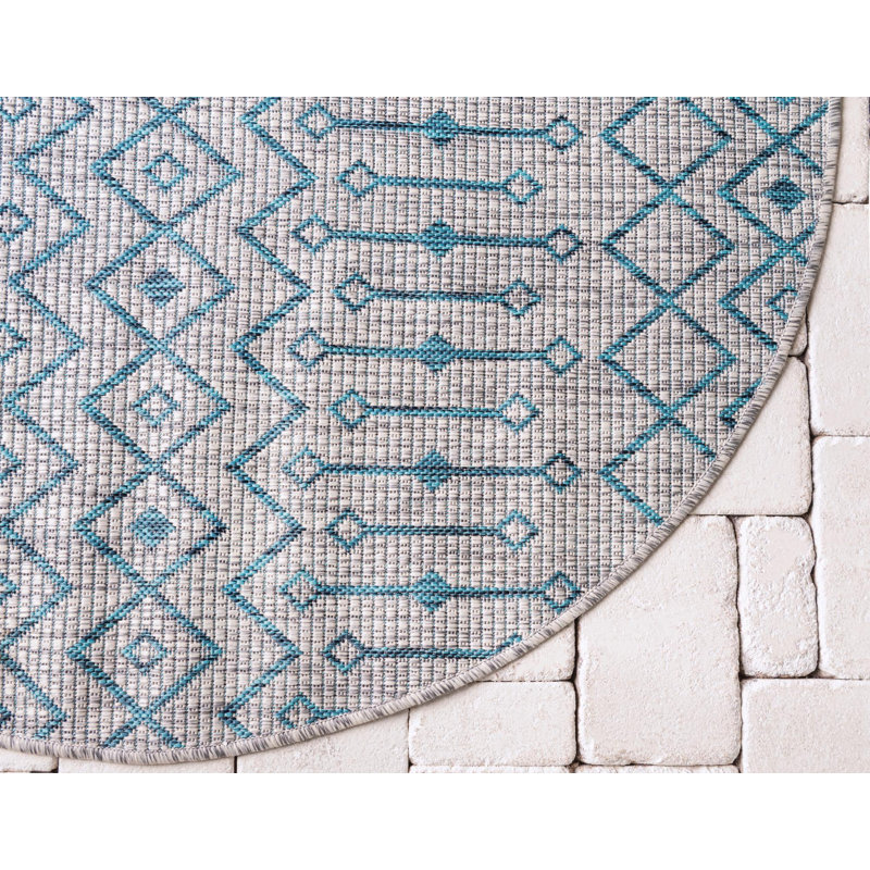 Tapis intérieur / extérieur bleu / gris Kailani Southwestern, Rond 10 pi 8 po