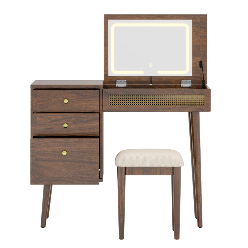 Modern Makeup Vanity Set with Illuminated Mirror and Hidden Compartments