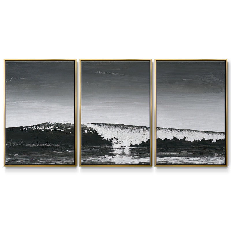 «Black & White Waves I», reproduction sur toile 3 pièces, H 24 po x l 48 po, Encadrement doré